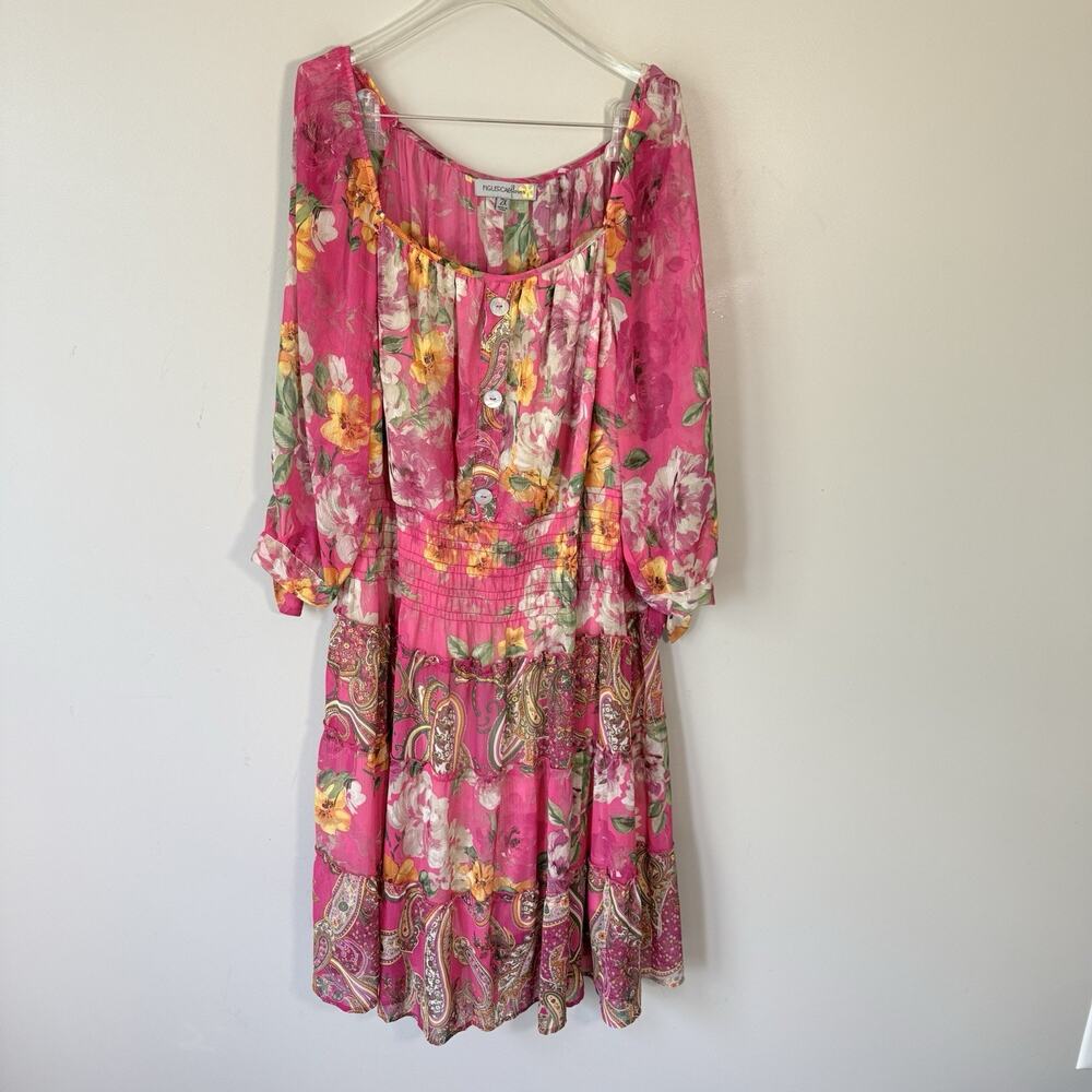 Figueroa & Flower Dress 2X Tiered Midi Pink Floral Smocked Boho Cowgirl Cottage